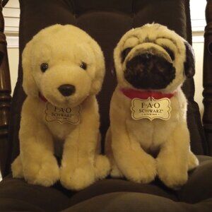 2 FAO Schwartz Plush Puppy Dogs, Pre-Owned: Golden Retriever Lab & Pug